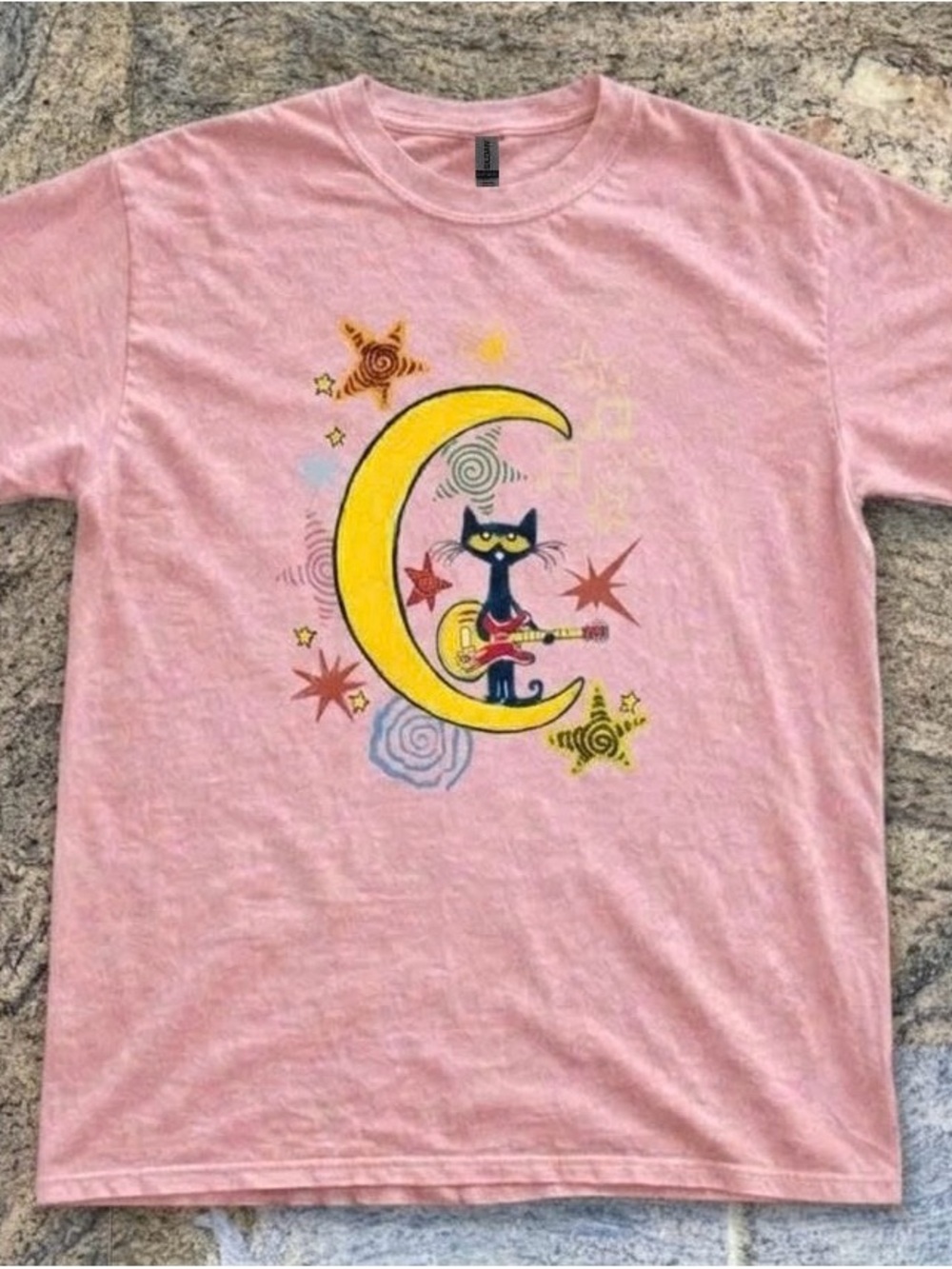 Gildan Pink Tee with Black Cat on Yellow Moon Graphic